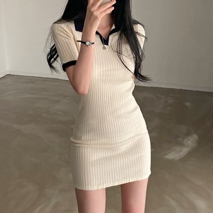 韩国chic夏季法式复古拼色polo领短袖修身针织连衣裙女包臀短裙子