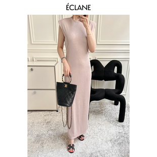 eclane柔美与帅气结合韩国极简立体剪裁无袖，垫肩连衣裙显瘦