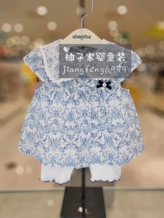 100-150码韩版童装夏款女童宝，蕾丝翻领衬衣裙白打底裤，蓝碎花套装