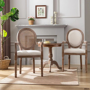 美式复古扶手椅田园影楼欧式实木，餐椅法式乡村藤网做旧茶几圆桌