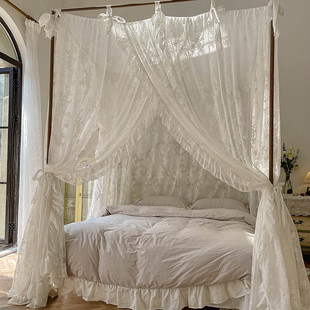 家用公主风蕾丝宫廷蚊帐，落地式三开门遮光防尘亚麻床幔1.8m床法式