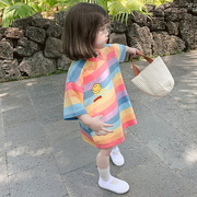 2023夏季韩版女童洋气彩虹卫衣，连衣裙宝宝纯棉，短袖条纹t恤裙