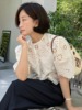 韩国chic夏季花朵蕾丝花边重工，雕花镂空泡泡袖圆领短款衬衫上衣女
