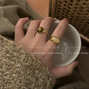 天然石开口(石开口)戒指，复古气质小众设计食指戒时尚个性网红闺蜜指环套装