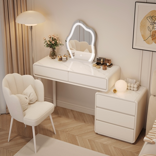 奶油风实木岩板梳妆台现代小型卧室，简约轻奢迷你化妆桌收纳柜一体