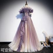 紫色晚礼服2023秋季女一字，肩优雅气质，长款大合唱演出服连衣裙