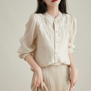 刺绣长袖珍珠立领天丝衬衫，女秋季小衫国风，新中式上衣气质衬衣