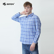 波顿2024纯棉紫蓝色细格衬衫男装春季透气舒适时尚百搭衬衣