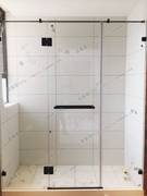细拉杆淋浴房一字形，黑色无框平开门不锈钢简易整体浴室隔断推拉门