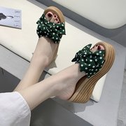 韩版坡跟波点拖鞋女2024夏季网红甜美亚麻，时尚港风外时尚潮鞋