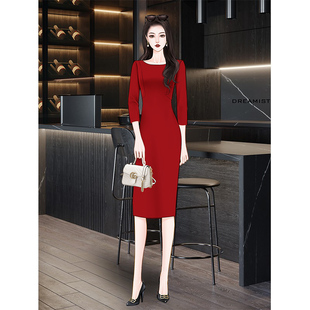 高端质感修身红色连衣裙，2024女装春季气质高级感法式礼服长裙