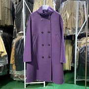 MM自制 紫色高定款双面呢大衣 双排扣高领纯色通勤中长款羊毛外套