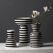 设计师艺术黑白条纹陶瓷花瓶摆件大圆口客厅餐桌家居软装饰品摆设