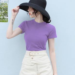 紫色半高领短袖t恤女纯棉百搭2022夏季纯色修身半袖上衣ins潮