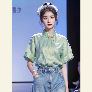 夏季新中式国风亚麻短袖衬衫女装薄荷曼波风绿色棉麻小衫上衣