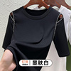 2023设计感夏韩版时尚气质钉珠t恤女半袖镂空露肩五分袖上衣