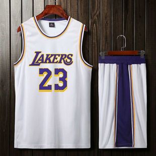 珍品速干湖人队套装比赛篮球服23詹姆斯科比8儿童紫白色球衣定制