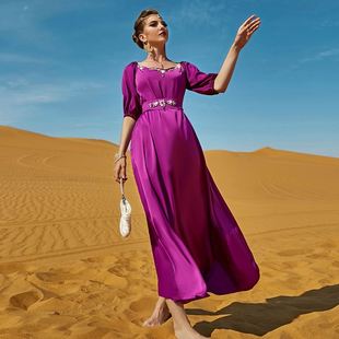玫紫色一字肩中袖连衣裙，夏季中东风格女装时尚女士长裙ba7032
