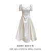 微胖mm法式赫本风米白色方领泡泡，袖连衣裙女夏季气质收腰a字长裙