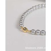 个性时尚灰色人造珍珠项链圆形，半球磁铁锁骨链冷淡风颈链