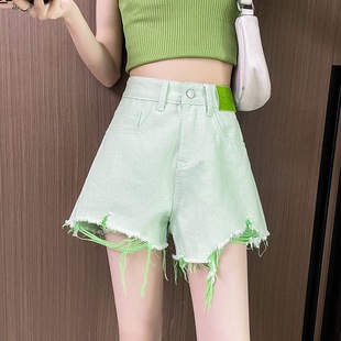 浅绿色破洞牛仔短裤女夏季薄款2024年高腰小个子，宽松阔腿热裤