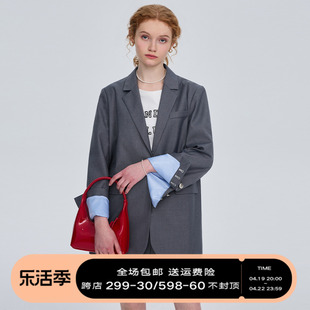 designerplus灰色西装外套，女2024小个子，休闲韩版撞色中长款西服