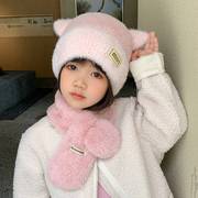 儿童帽子冬季女孩保暖加厚针织，毛线帽围巾套装，女童防风护耳毛绒帽(毛绒帽)