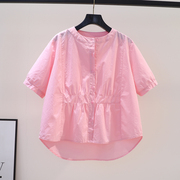 粉红色拼接设计收腰棉衬衫女圆领短袖衬衣2023夏季文艺范百搭上衣