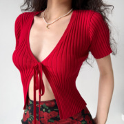 gogirlgo自制欧美风，简约v领短袖，系带红色针织开衫女短款上衣