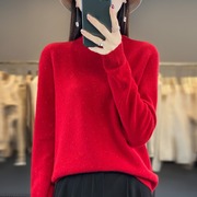 七彩亮丝毛衣红色半高领，羊绒打底衫女秋冬洋气无缝一体羊毛衫