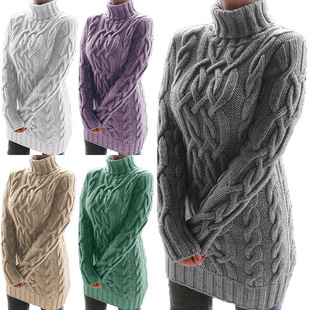 wish毛衣女欧美秋冬加厚两翻领复古粗线麻花毛衣连衣裙Knit dress