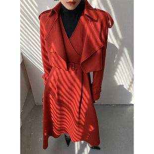 wangxo风衣套装女冬季红色无袖，打底毛呢连衣裙短款呢子外套两件套