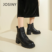 卓诗尼冬季女靴子女士短筒靴子系带圆头粗高跟加绒保暖马丁靴