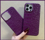 暗夜紫深紫色鳄鱼纹，真皮适用iphone15promax保护套，苹果1413手机壳