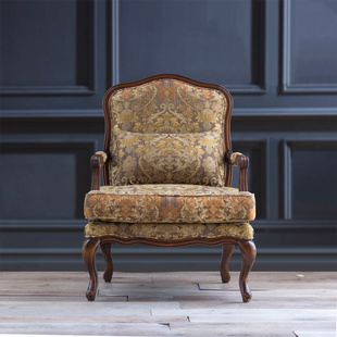 圣奇尼美式沙发椅单人椅雕花椅客厅卧室书房实木扶手椅咖啡色棉麻