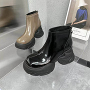 厚底防水台坡跟短靴2023欧洲站，秋冬踝靴高跟，真皮切尔西女靴子