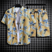 海边度假沙滩服男三亚旅游衬衣，波夏威夷西米亚，海南岛风花衬衫套装