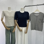 韩版复古麻花针织开衫，女夏季短袖设计感小众，洋气法式宽松显瘦百搭
