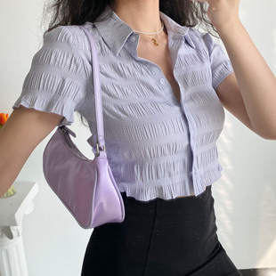 gogirlgo自制欧美风薰衣草，紫褶皱细格子短袖，衬衫女修身短款上衣