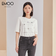 emoo杨门镶钻白色短袖圆领，t恤女夏季时尚休闲宽松上衣