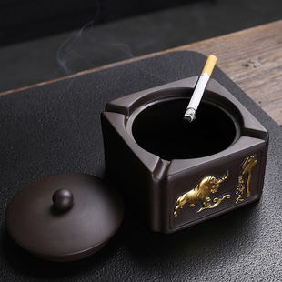 烟灰缸创意个性带盖紫砂牛气，冲天客厅办公复古烟灰缸防异味防灰尘