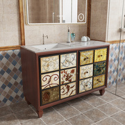 美式轻奢浴室柜卫生间洗手盆柜，组合洗漱台落地实木卫浴柜彩绘复古