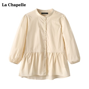 拉夏贝尔lachapelle秋季灯笼袖立领衬衫女休闲宽松娃娃衫上衣