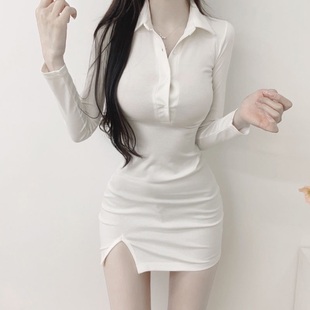 韩国东大门秋装气质，女人味开叉紧身显胸长袖性感，包臀连衣裙女