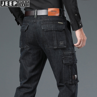 jeep吉普秋冬厚款多口袋牛仔裤，男士户外工装裤，宽松直筒牛仔长裤子