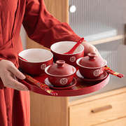 结婚敬茶杯茶具套装改口茶杯盖碗喜碗筷红对碗婚礼用品大全喜杯