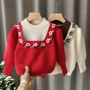 女童毛衣冬装2023儿童洋气，假两件套头毛线衣女，宝宝打底衫加厚