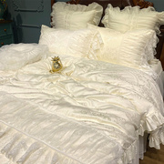 高端法式蕾d丝公主风四件套贡缎床上用品奶白色纯棉床裙床罩被套