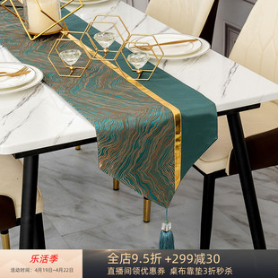 桌旗高端轻奢新中式现代桌布茶几，旗电视柜盖布墨绿条纹，高级感床旗