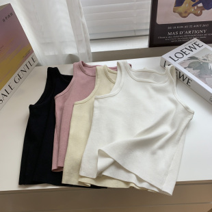 白色冰丝针织圆领背心，女2023春夏修身显瘦百搭短款露锁骨吊带